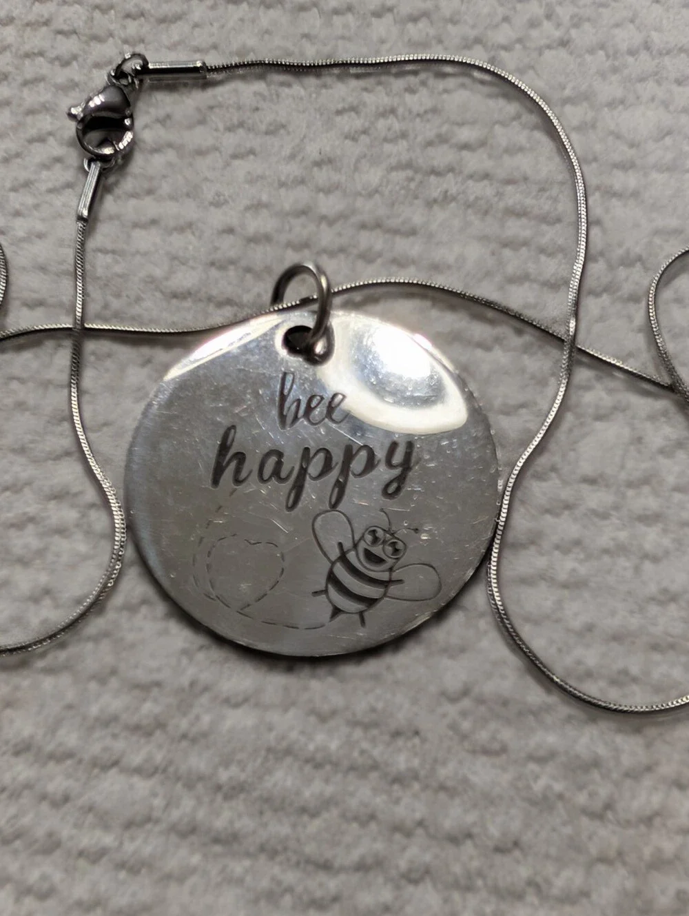 16-in Thin Silver Snake Chain With Bee Happy Circle Pendant